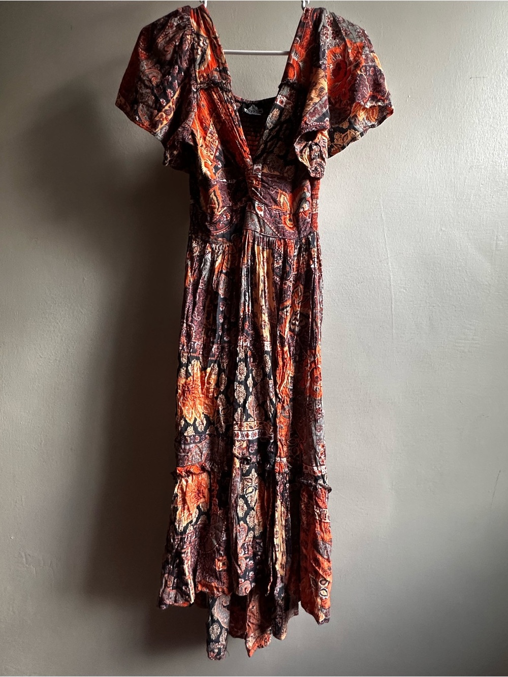 Angie Bohemian Paisley tiered Rust and Navy Floral Tie-Front Midi/Maxi - Picture 5 of 13